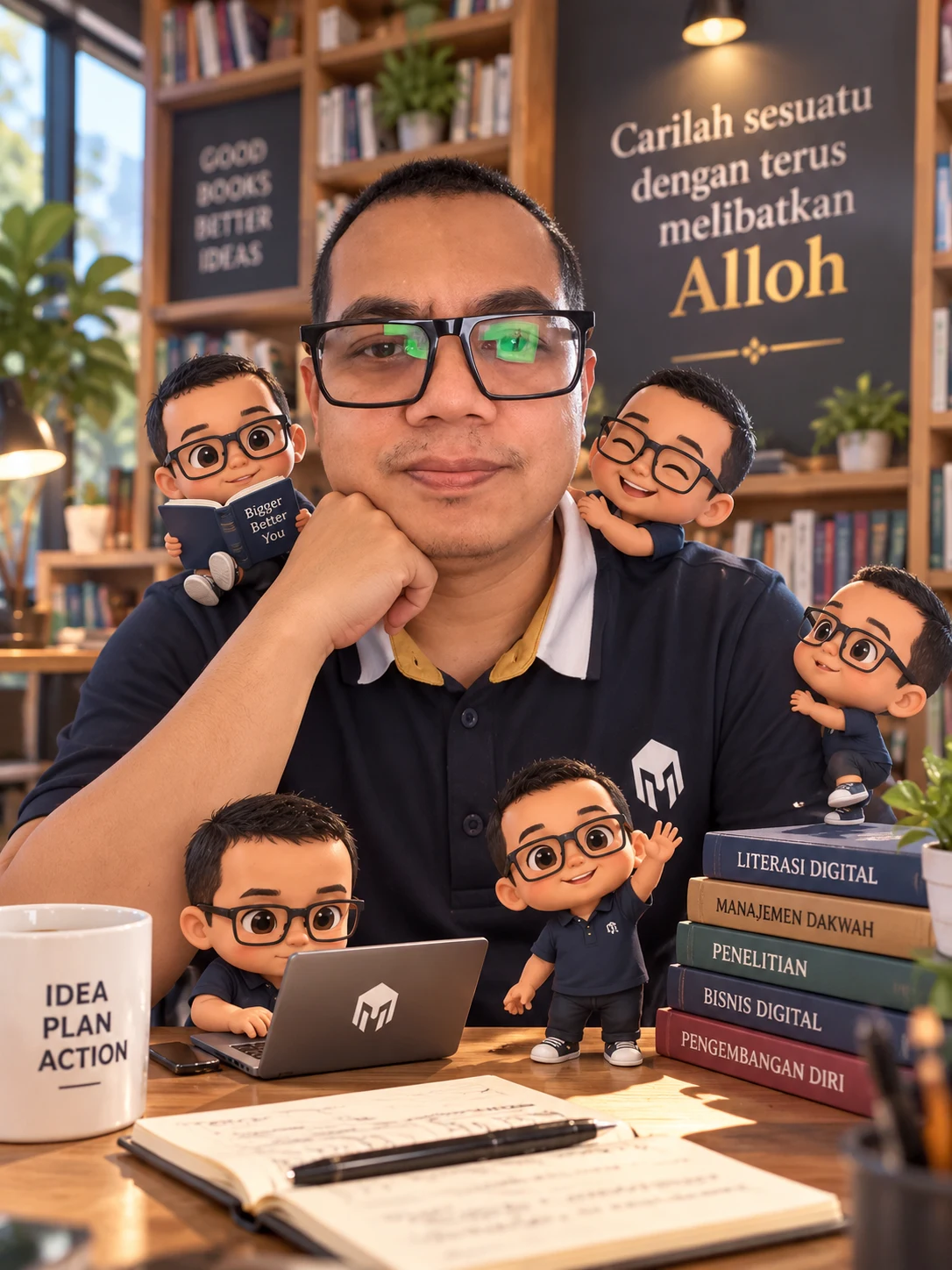 Foto profil Yusep Saepulloh dengan karakter mini ilustratif berlatar perpustakaan
